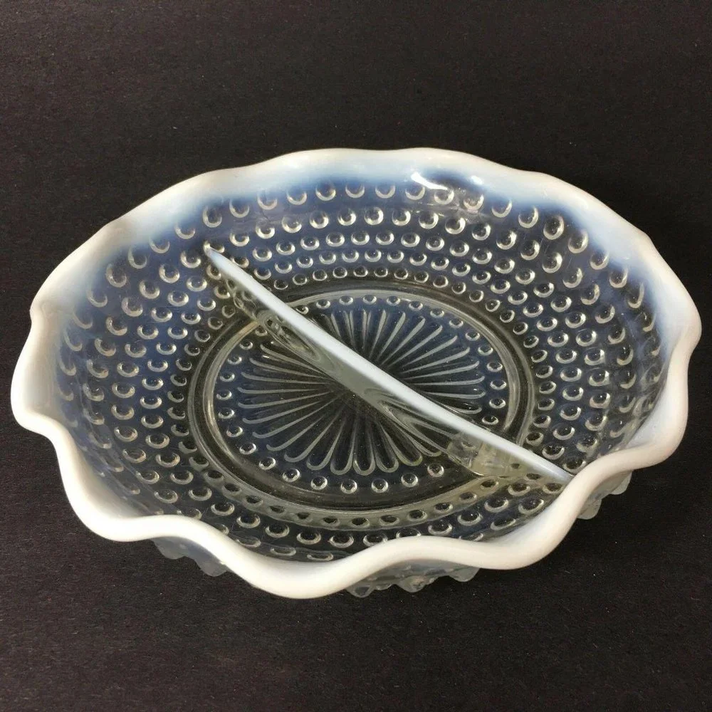 Fenton Opalescent Moonstone Hobnail Dish Glass Divided Round Scallop Edge 7 3/4